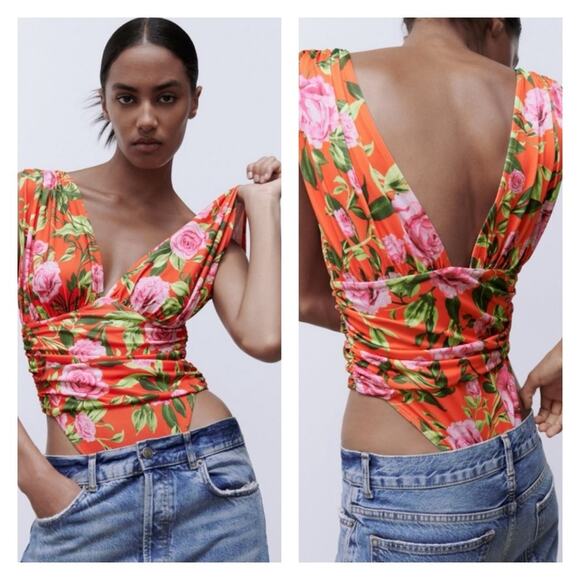 NWT ZARA Floral Plunging V Bodysuit S Red - Picture 1 of 7